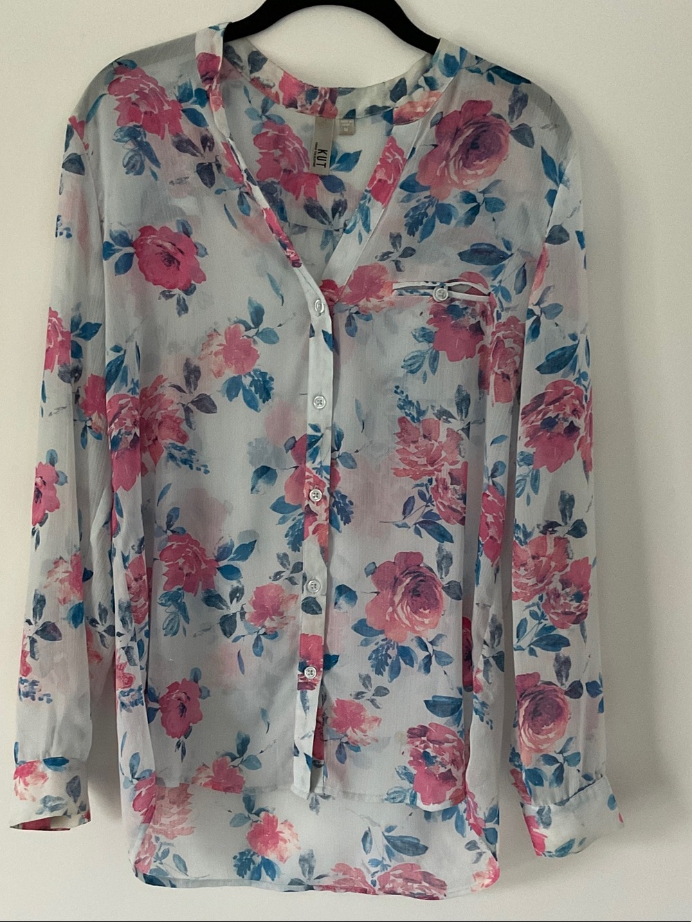 Kut from the Kloth Sheer Floral Button-Down Blouse in Pink and Blue
